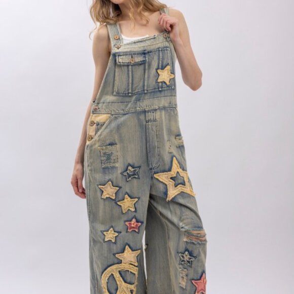 Star And Peace Patchwork Denim Bib Overalls PRE ORDER - Picture 12 of 14